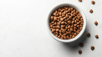 Fototapeta premium Bowl of dry pet food on white background. copy space