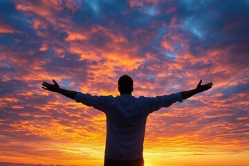 Fototapeta premium Man with Arms Outstretched Against Vibrant Sunrise, Embracing New Day and Tranquil Horizon, Expression of Hope, Joy, and Freedom