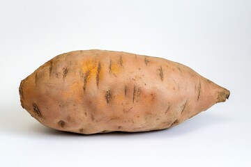 A single sweet potato with rough skin and an elongated shape on a plain background.