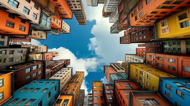 A surreal view of colorful buildings reaching up towards a blue sky with fluffy clouds