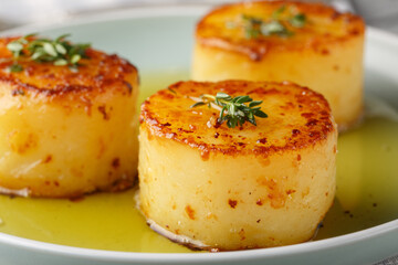 French Fondant potatoes seared golden then baked in a buttery broth closeup on the plate on the...