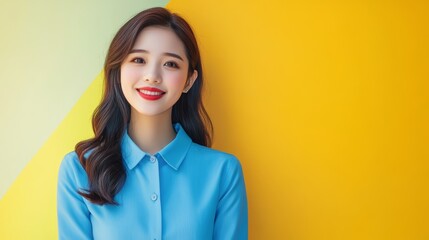 Fototapeta premium Happy Woman in Blue Shirt Against Yellow and Green Background