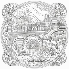 Hand drawn sketch of the city. Vector illustration for adult coloring page.