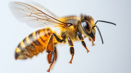 Close-up of a bee in mid-flight, showcasing its intricate details and vibrant colors against a blurred background.