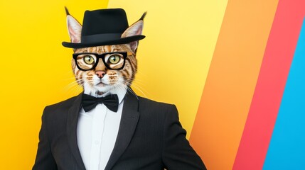 Cat in Suit and Hat on Colorful Background