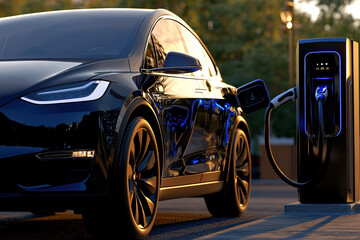 Evening Scene of Black Electric Car at Outdoor Charging Station with Detailed Features and Blue Light from Charging Port