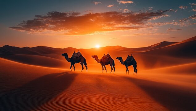 Three camels walk across the desert during the sunset.