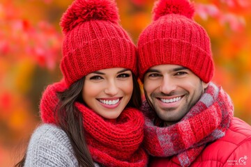 Happy couple in matching red winter hats and scarves smiling brightly in a colorful autumn park celebrating love warmth and the joy of the fall season together