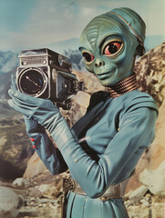 Retro 1960s 1950s style vintage b-movie reptilian space alien little green man with camera or ray gun nostalgic comic book illustration colored tv show style villain campy and fun, photographer avatar