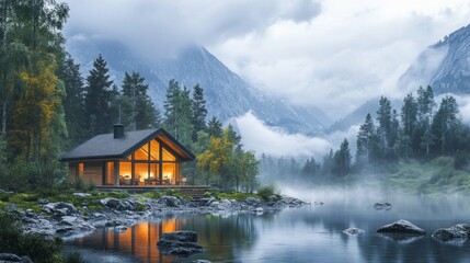 Fototapeta premium A cabin is situated on a lake surrounded by mountains