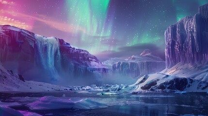 A surreal dreamscape with floating islands of ice and snow, frozen waterfalls suspended in mid-air, and the sky ablaze with the colors of the northern lights.