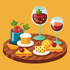 delicious appetizers and wine glasses on a wooden vector illustration