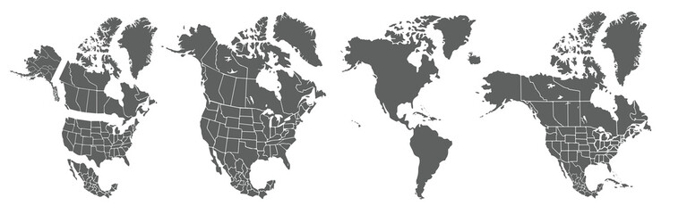 Map of North America with isolated countries.United States, Canada ,Mexico.