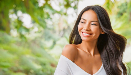 An open and natural portrait of an Asian woman wearing a white shirt