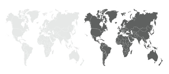 World map. Silhouette map.Asia, Europe, Africa, Antarctica, North America, South America and Australia.