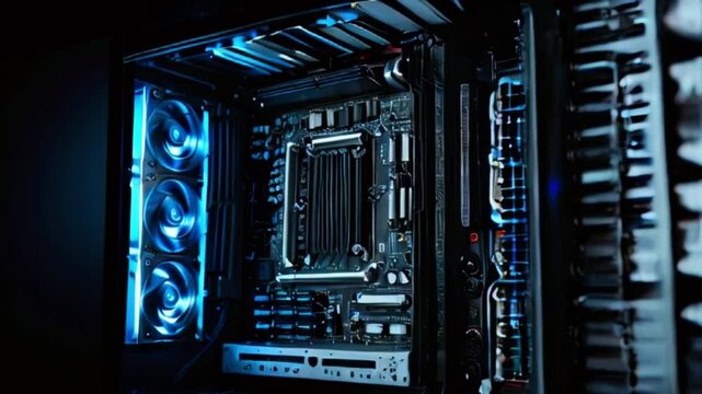 Inside view of a PC case with blue RGB lighting on fans and motherboard.