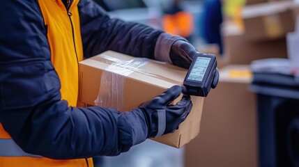 parcel being scanned by a delivery person before being handed over