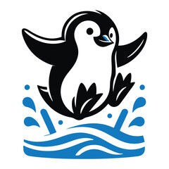 Obraz premium Cute Cartoon Penguin Splashing in Water, Fun and Playful Animal Illustration for Kids and Winter Themes