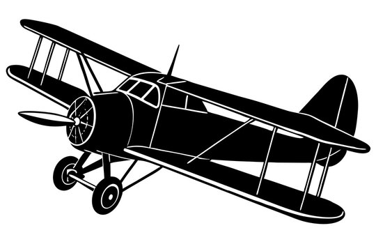 black biplane flying, side view, vintage style clip art preview