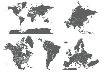 Map of the world and all continents.set of maps.