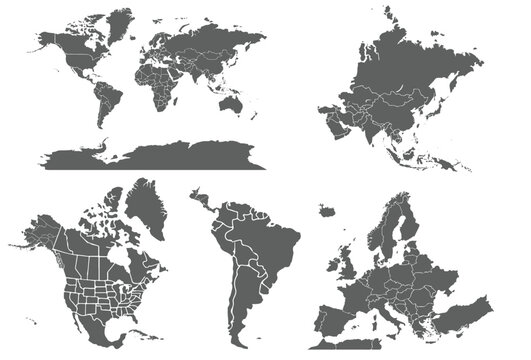 Map of the world and all continents.set of maps.
