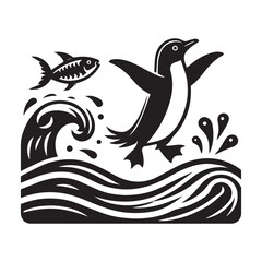 Black and White Cartoon Penguin Illustration Splashing in Water, Playful and Fun Animal Design
