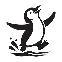 Black and White Cartoon Penguin Illustration Splashing in Water, Playful and Fun Animal Design