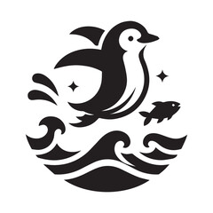 Black and White Cartoon Penguin Illustration Splashing in Water, Playful and Fun Animal Design