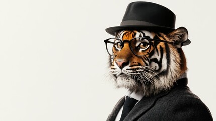 Tiger Wearing Suit  Hat and Glasses on White Background