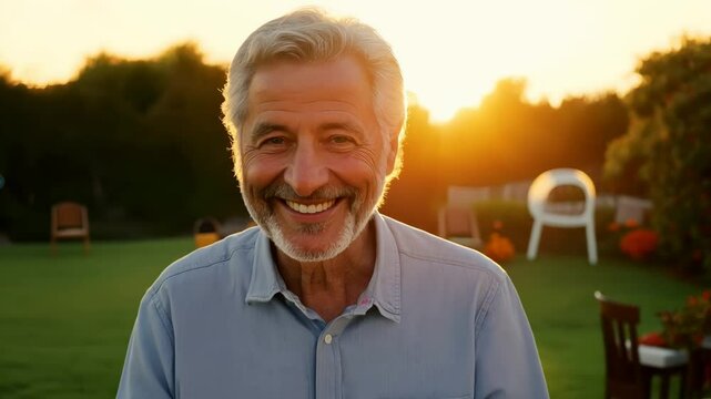 A joyful senior man smiles in a vibrant garden, soaking up the warmth of an evening sunset while surrounded by family and nature