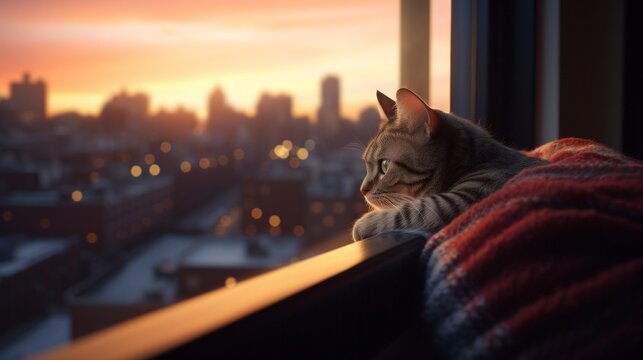 Brown tabby cat with green eyes looks outside from the window indoors. Neural network ai generated art - Powered by Adobe