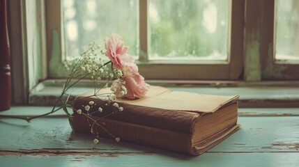 Vintage Books and Flowers Scene