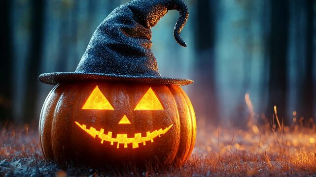 Jack-o-lantern scary spooky Halloween scene. Fire burning. Halloween pumpkin patch in the moonlight. Jack O Lantern party. Horizontal banner, Halloween night in spooky forest