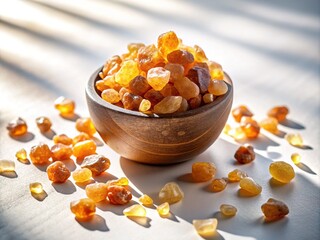 A delicate, glowing amber frankincense resin sits elegantly on a pristine white background, surrounded by subtle shadows, evoking ancient mysticism and natural wonder.