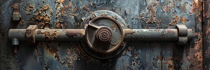 Lock mechanism on a blast door in a heavy-duty airlock of a concrete fallout shelter or survival bunker designed for emergencies. Selective focus.