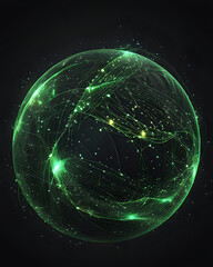 Abstract green energy sphere of particles and waves of magical glowing on a dark background.