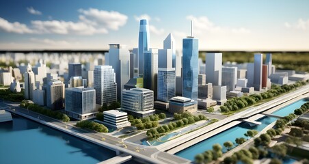 Three dimensional render of a model of a city