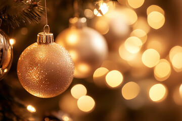 gold ornament hangs from a tree. The ornament is surrounded by other ornaments, creating a festive atmosphere