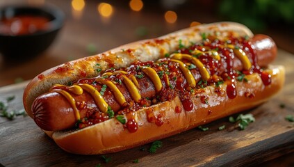 Close-up of a Delicious Hot Dog with Mustard and Chili.