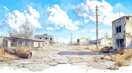 Fototapeta premium A deserted town scene with a cracked road, decaying buildings, and overgrown vegetation, set under a bright blue sky with clouds