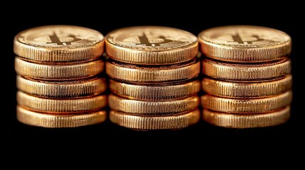 Three Stacks of Golden Bitcoin Coins on Black Background