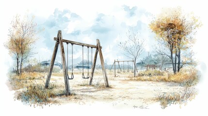 Fototapeta premium An abandoned playground featuring empty swings set against a backdrop of autumn trees and a deserted park. The scene captures a quiet, nostalgic atmosphere with overgrown grass and cloudy skies.