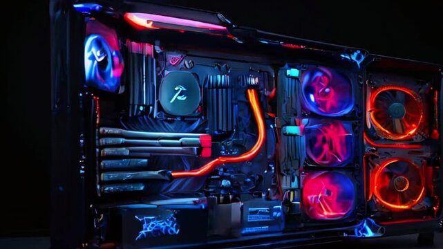A close-up view of a computer case with multiple RGB fans, showcasing the internal components and wiring.