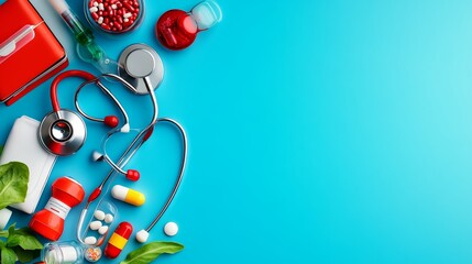 Medical Supplies and Equipment on Blue Background