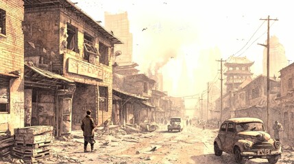 A watercolor illustration depicting a dusty urban street in a dilapidated neighborhood, filled with old, worn-out buildings and vintage cars. The scene captures a sense of decay and abandonment, with 