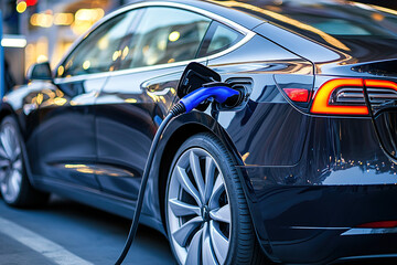 Close-Up of Black Electric Car at Urban Charging Station with Evening Blue Illumination on Car and Power Unit