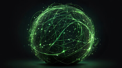 Abstract green energy sphere of particles and waves of magical glowing on a dark background.