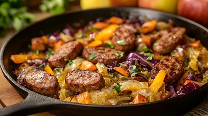 A skillet dish featuring sausage, cabbage, and colorful vegetables, showcasing a hearty meal.