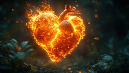 A fiery heart burns brightly in the heart of a dark, mystical forest.
