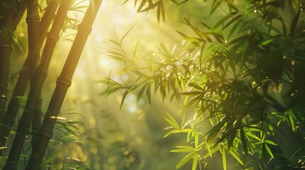 Obraz premium A tranquil bamboo forest bathed in soft sunlight, with shafts of light filtering through the canopy and the air filled with the sound of rustling leaves, creating a space for meditation and
